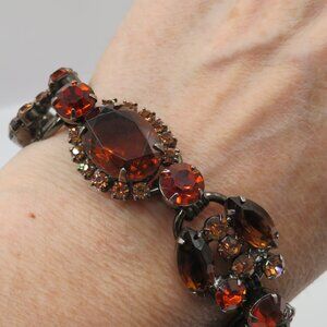 Vintage Rhinestone Dark Brown Topaz Orange Colored Crystals Link Bracelet
